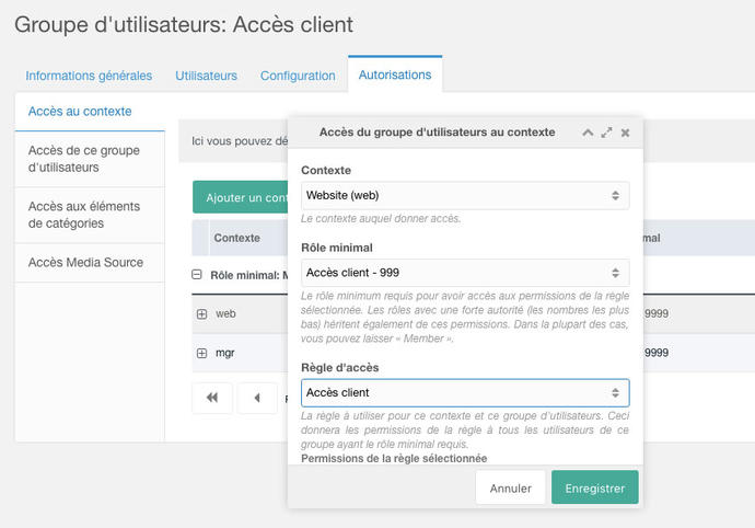 modification web des contextes du groupe d'utilisateurs